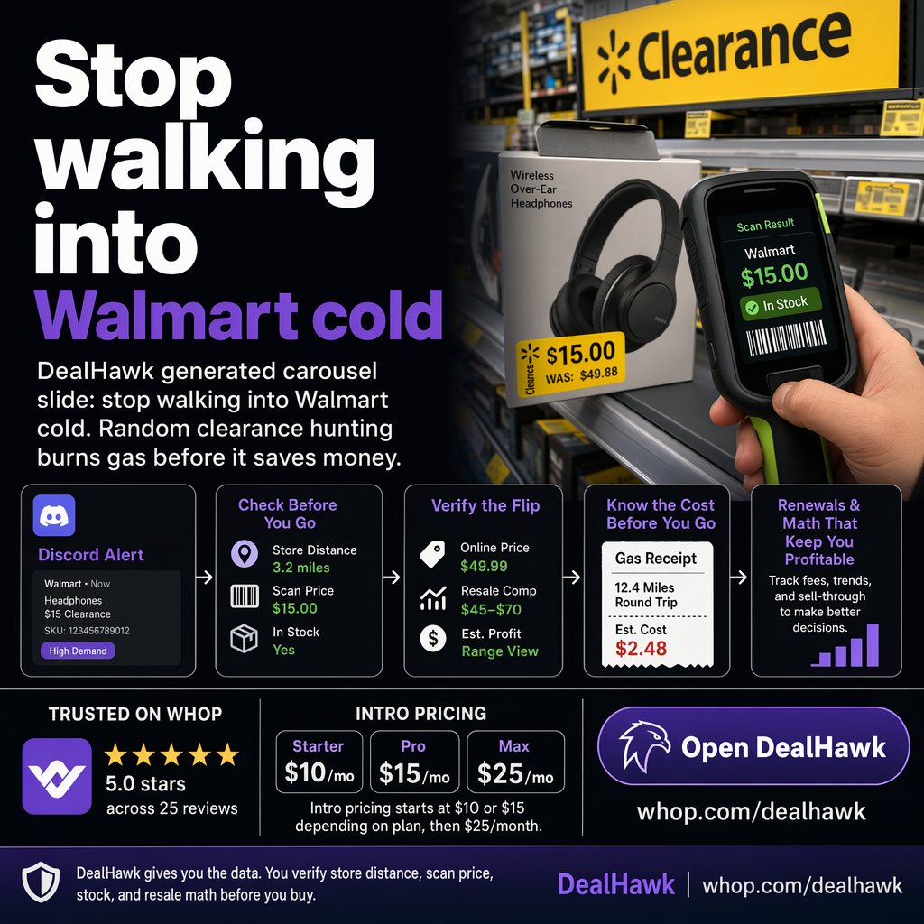 DealHawk generated carousel slide: stop walking into Walmart cold. Random clearance hunting burns gas before it saves money.