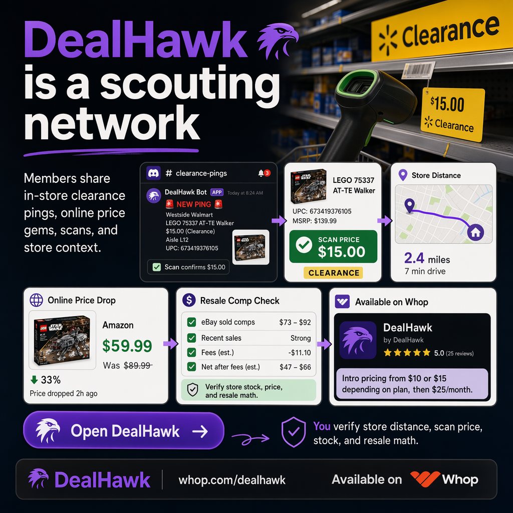 DealHawk generated carousel slide: DealHawk is a scouting network. Members share in-store clearance pings, online price gems, scans, and store context.