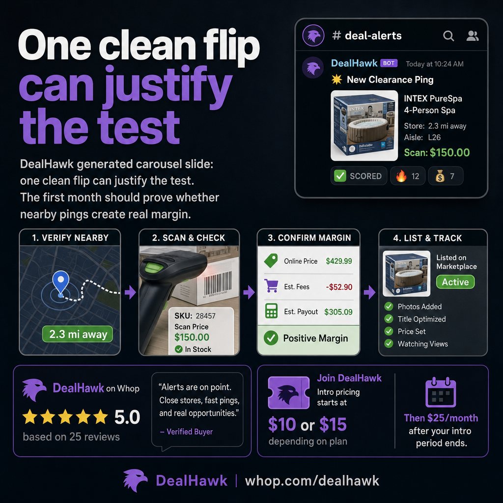 DealHawk generated carousel slide: one clean flip can justify the test. The first month should prove whether nearby pings create real margin.