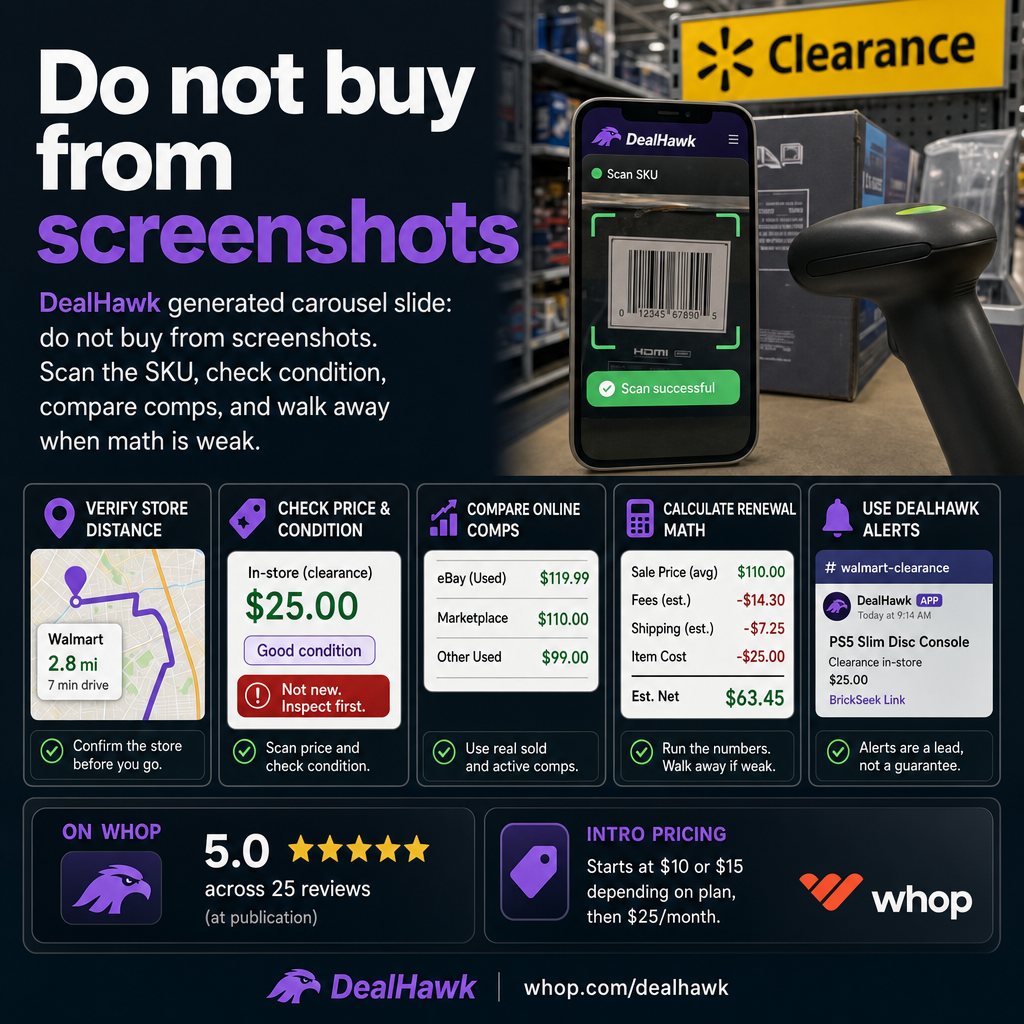 DealHawk generated carousel slide: do not buy from screenshots. Scan the SKU, check condition, compare comps, and walk away when math is weak.