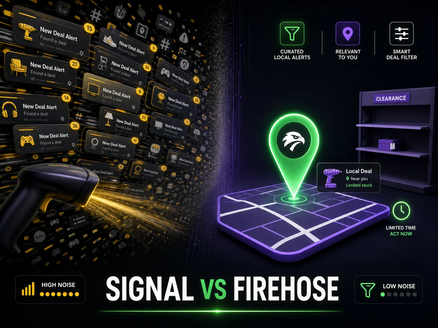 Signal vs firehose, DealHawk infographic